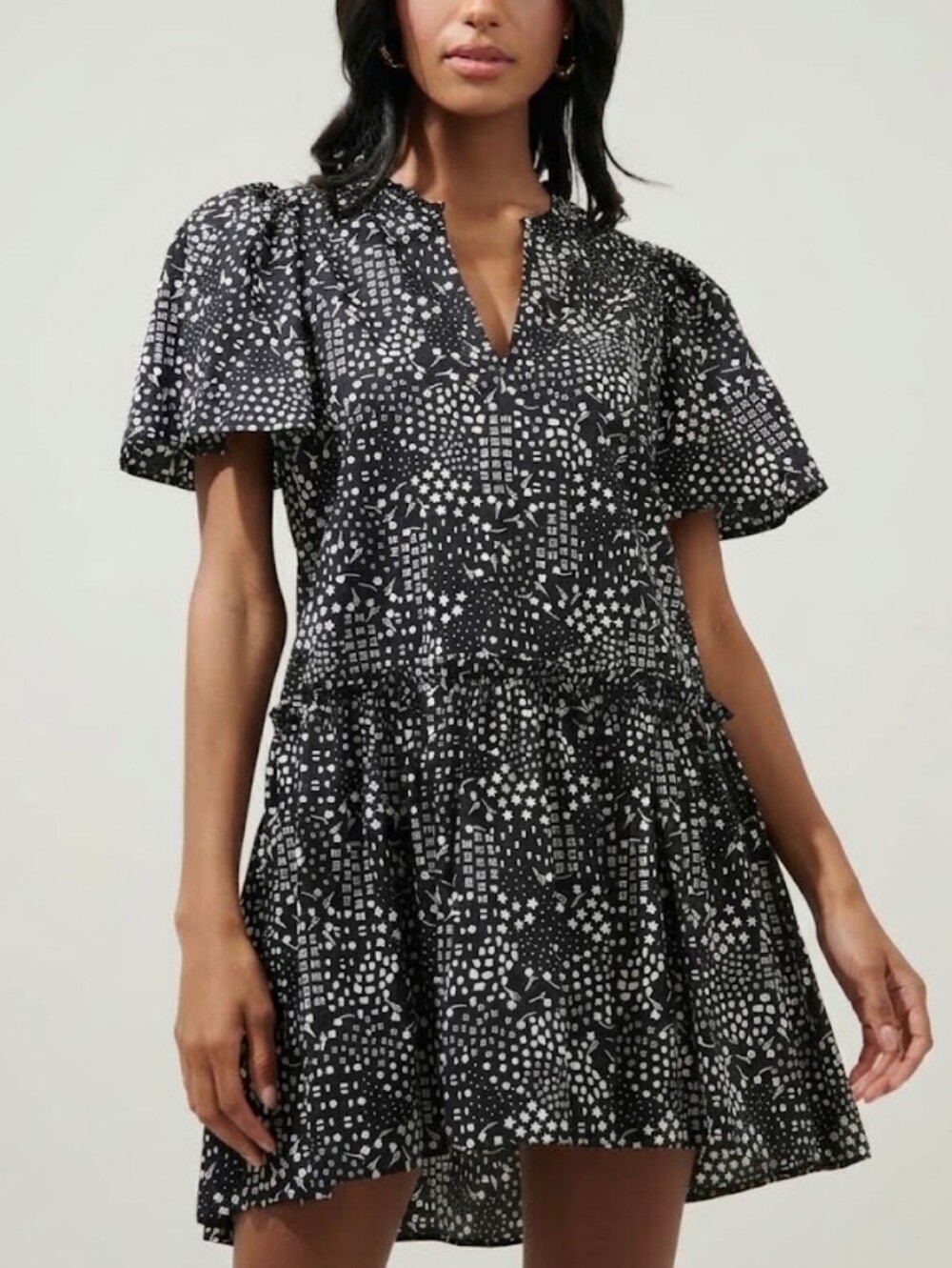 Sugarlips Black Printed Flutter Sleeve Mini Dress Size XS Hi - Low Hem